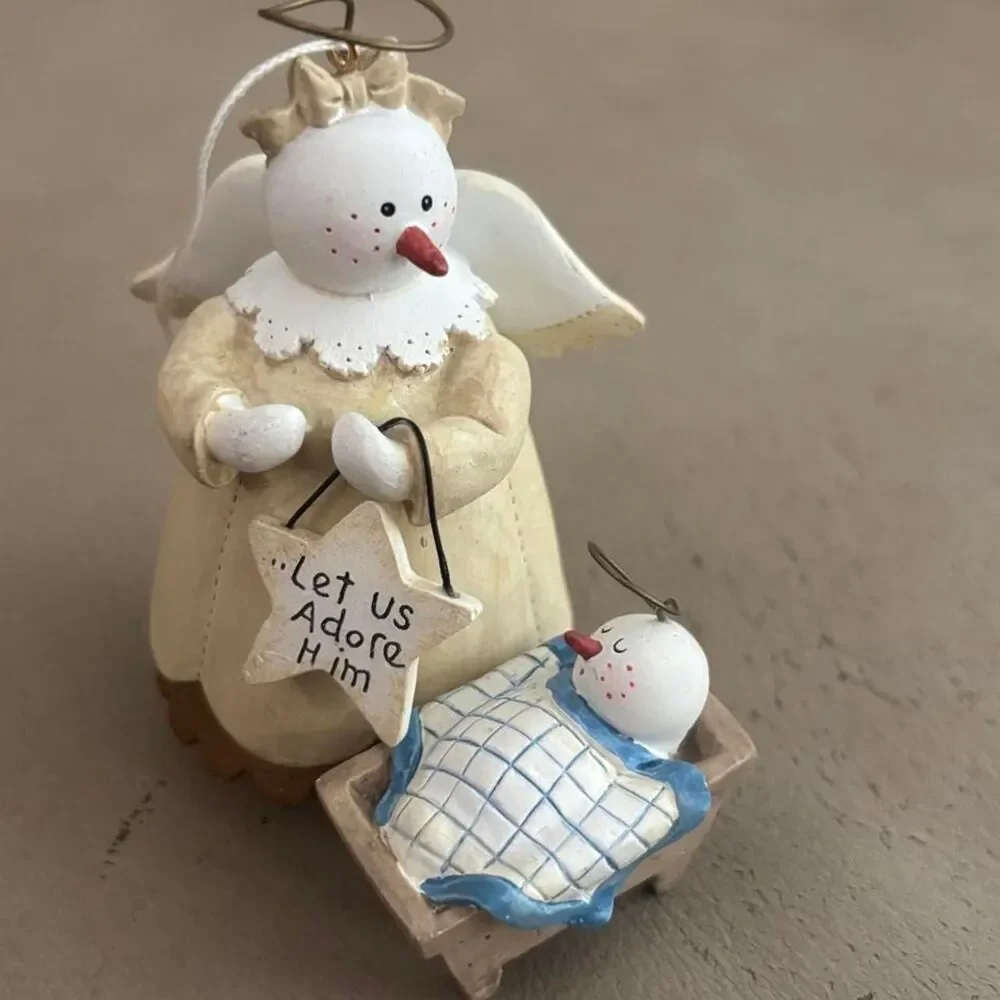 Snowman angle and baby Sandi Gore Evans vintage Christmas ornament